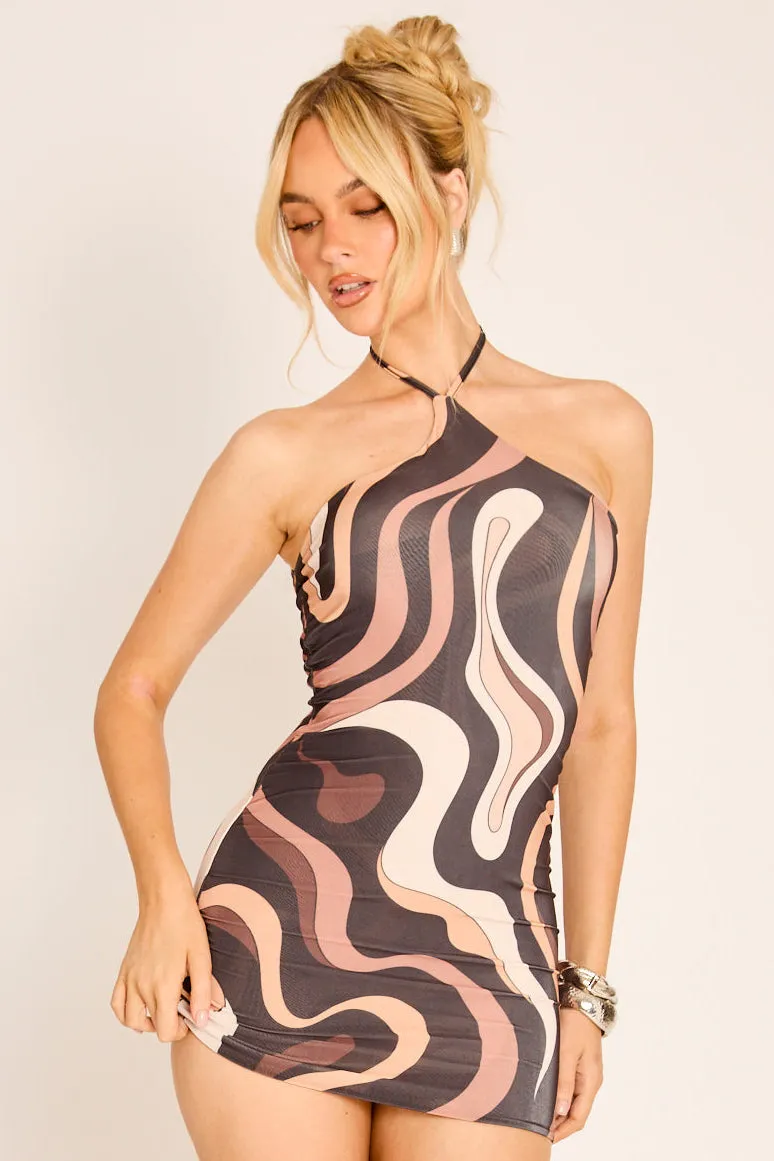 Brown Abstract Print Halter Mini Dress - Radley sold by Rebellious Fashion