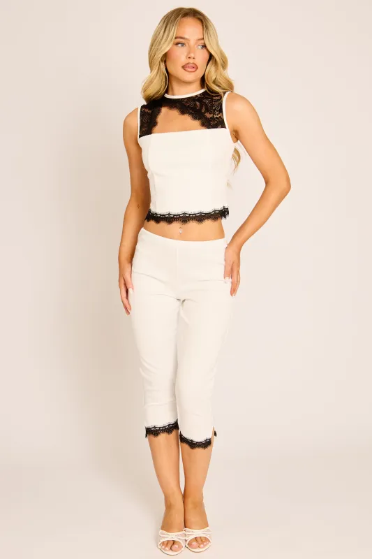 White Lace Trim Cut Out Top and Capri Pants Co-ord Set - Khani made by Rebellious Fashion