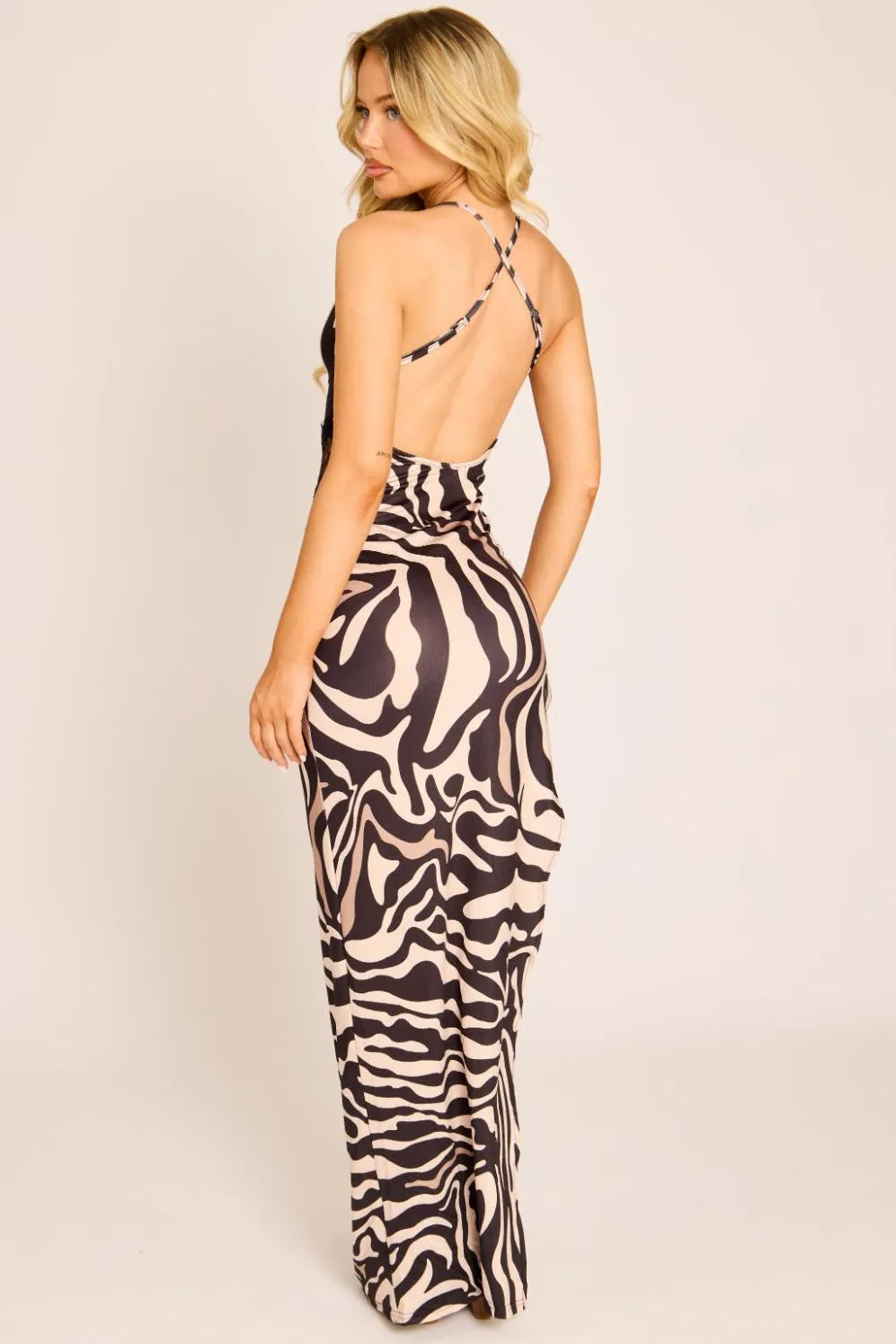 Brown Zebra Print Lace Insert Cowl Neck Maxi Dress - Ayala sold by Rebellious Fashion product image thumbnail 4