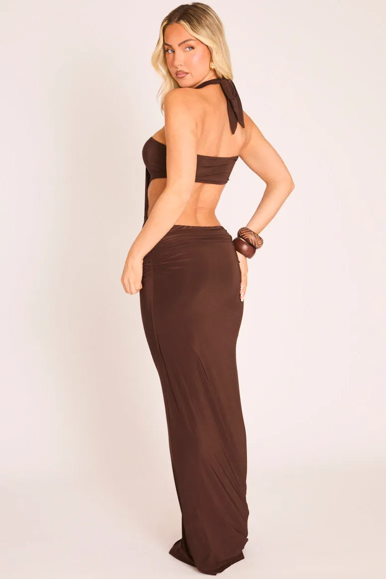 Chocolate Drape High Neck Maxi Dress - Layna sold by Rebellious Fashion product image thumbnail 4