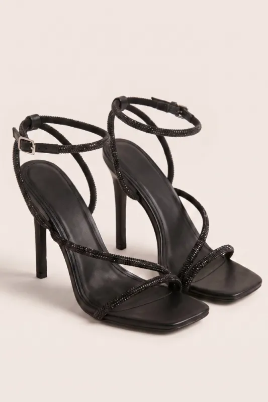 Black Diamante Detail Strappy Heels - Damika made by Rebellious Fashion
