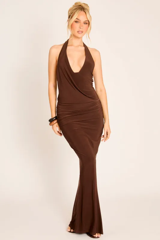 Chocolate Brown Drape Front Maxi Dress - Rukhi made by Rebellious Fashion