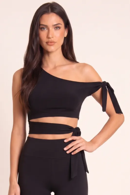 Black One Shoulder Tie Detail Crop Top - Rella made by Rebellious Fashion