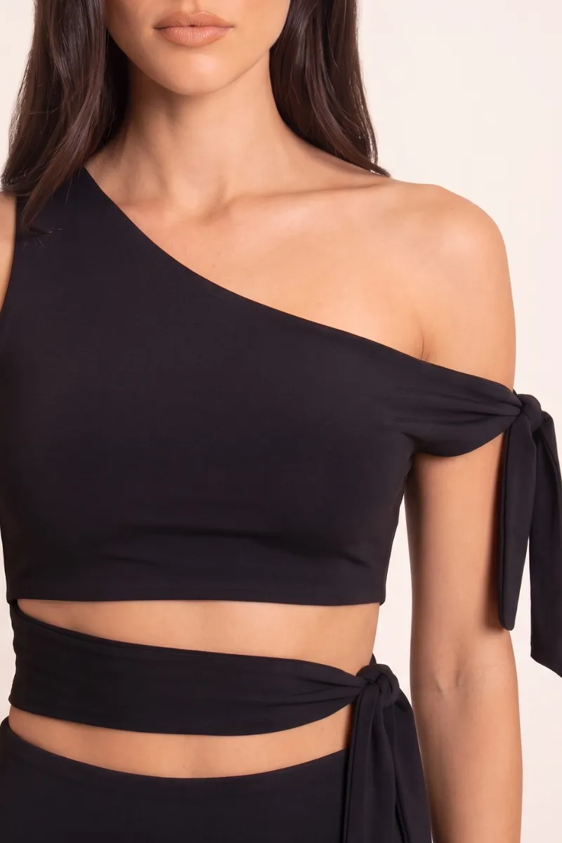 Black One Shoulder Tie Detail Crop Top - Rella sold by Rebellious Fashion product image thumbnail 3