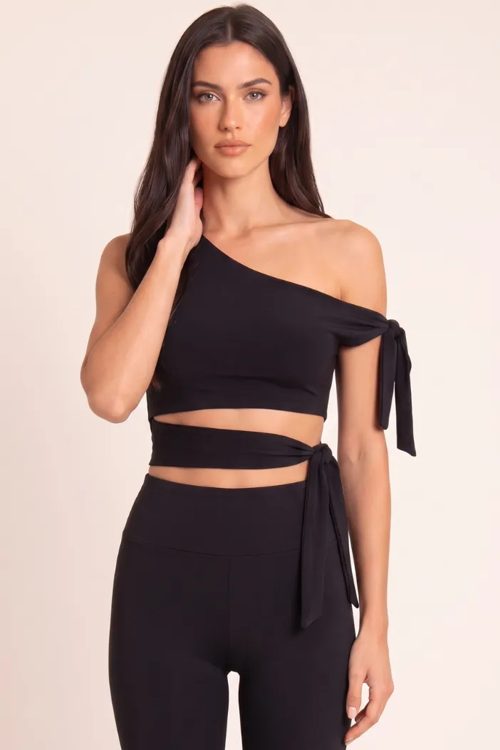 Black One Shoulder Tie Detail Crop Top - Rella sold by Rebellious Fashion product image thumbnail 5