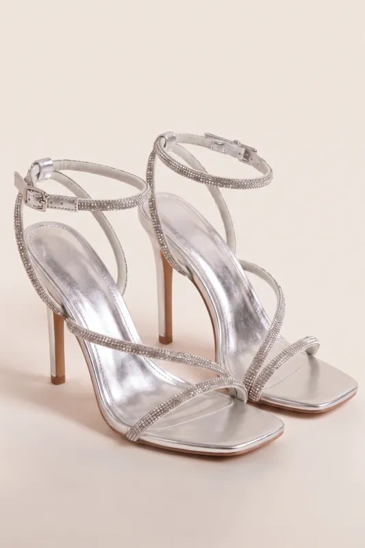 Silver Diamante Detail Strappy Heels - Damika made by Rebellious Fashion