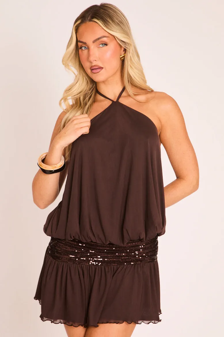Chocolate Sequin Panel Detail Mesh Mini Dress - Cara sold by Rebellious Fashion product image thumbnail 5