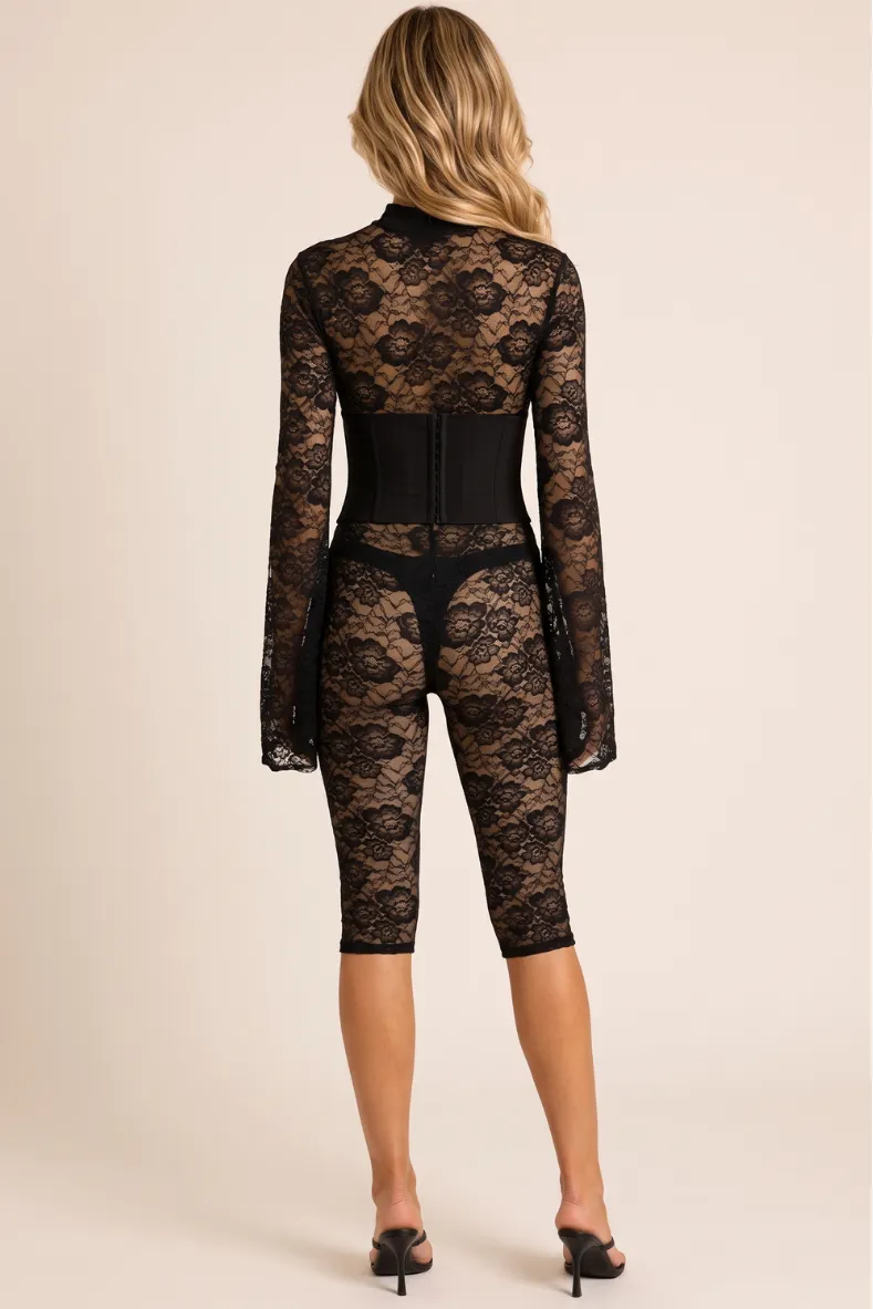 Black Sheer Lace Keyhole Corset Detail Capri Jumpsuit - Estella sold by Rebellious Fashion product image thumbnail 4