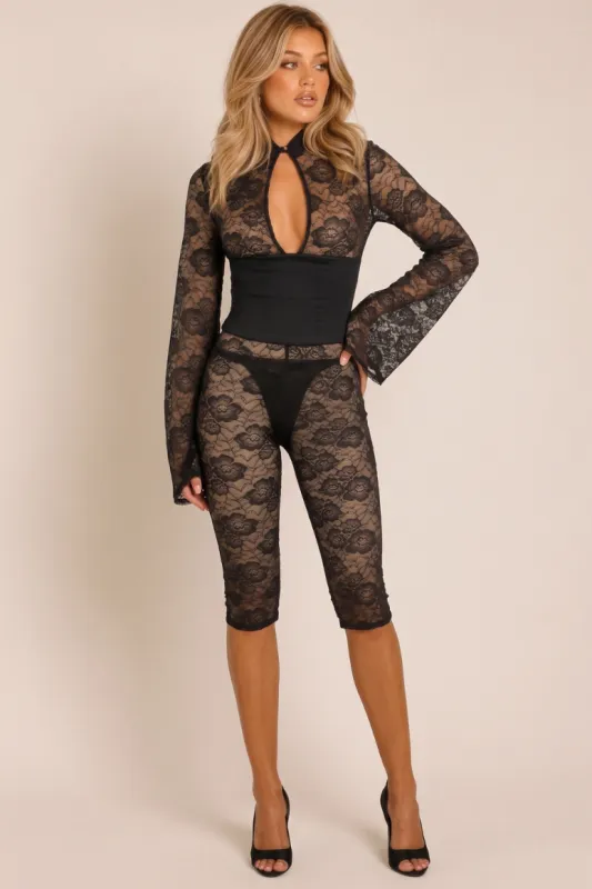 Black Sheer Lace Keyhole Corset Detail Capri Jumpsuit - Estella made by Rebellious Fashion