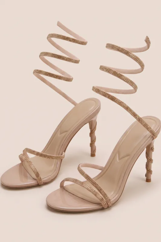 Nude Diamante Detail Wrap Up Strappy Heels - Charlia made by Rebellious Fashion