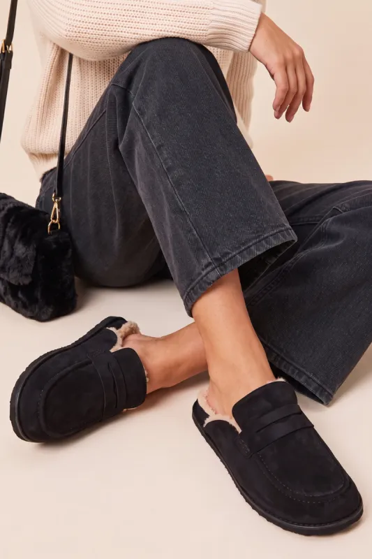 Black Faux Suede Faux Fur Lined Loafer Mules - Brynn made by Rebellious Fashion