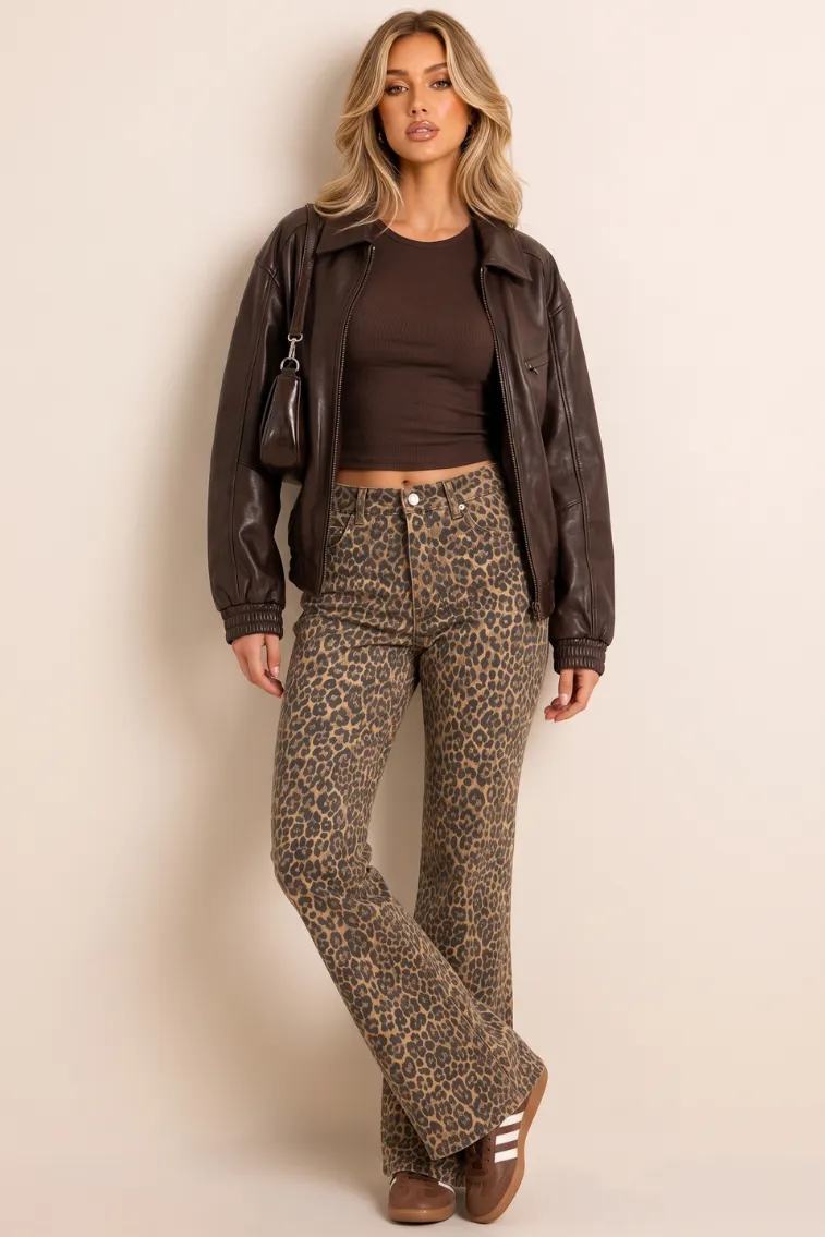 Brown Leopard Print Wide Leg Denim Jeans - Clementine sold by Rebellious Fashion product image thumbnail 2