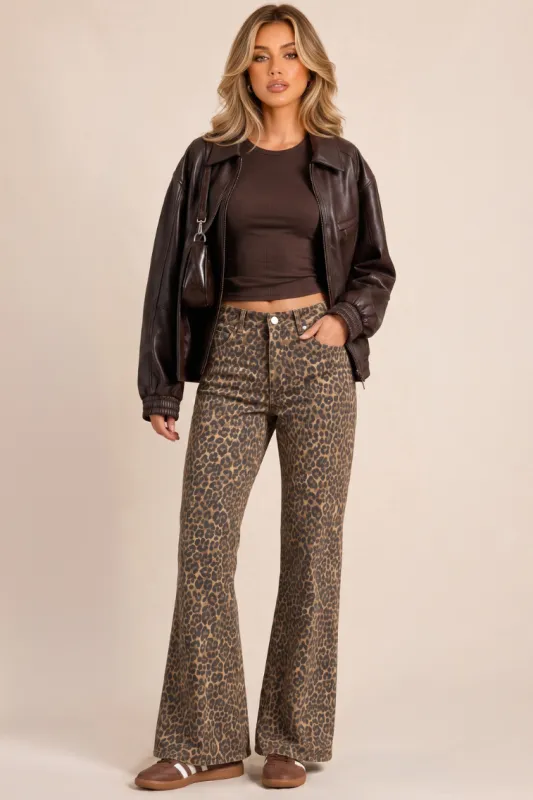 Brown Leopard Print Wide Leg Denim Jeans - Clementine made by Rebellious Fashion