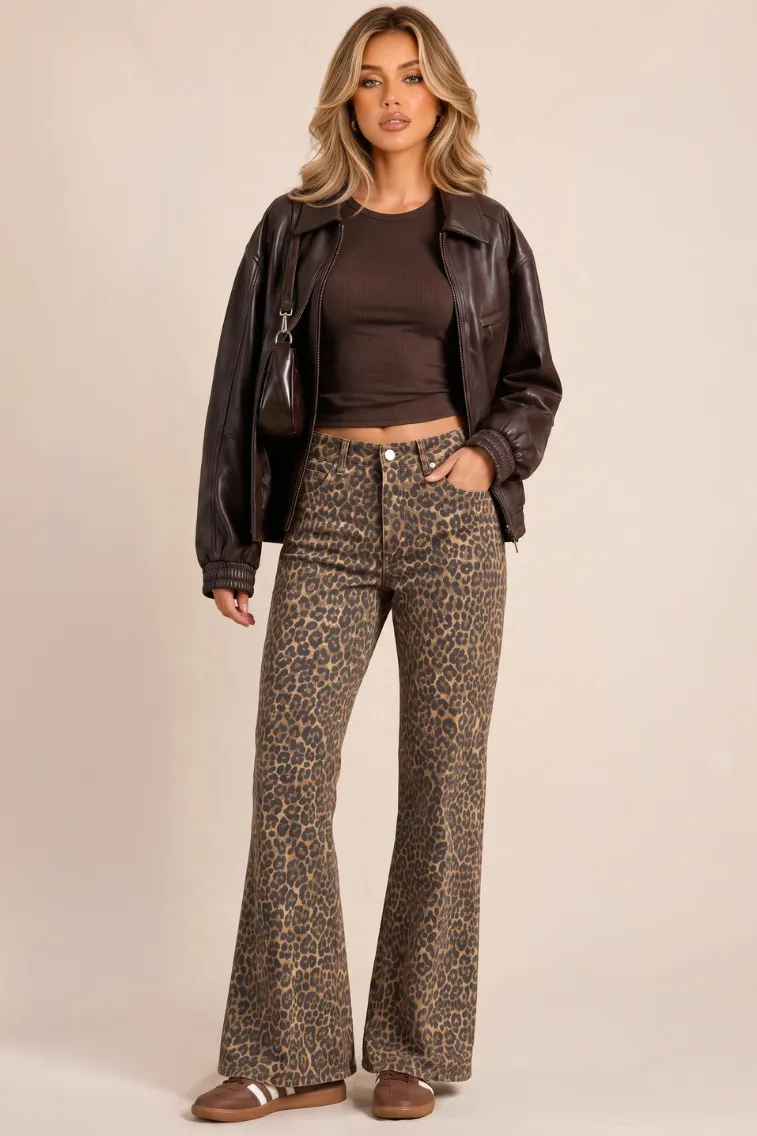 Brown Leopard Print Wide Leg Denim Jeans - Clementine sold by Rebellious Fashion