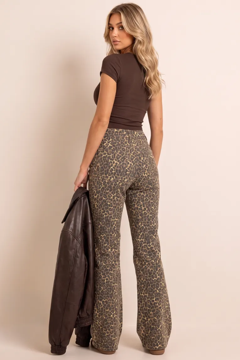 Brown Leopard Print Wide Leg Denim Jeans - Clementine sold by Rebellious Fashion product image thumbnail 4