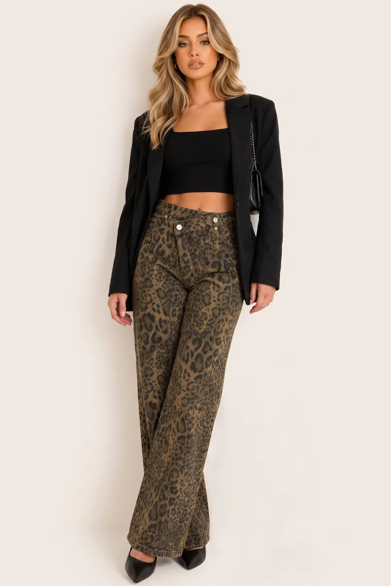 Brown Leopard Print Wide Leg Denim Jeans - Zendaya sold by Rebellious Fashion