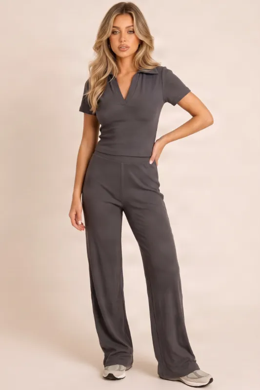Charcoal Rib Collared Top and Jogger Loungewear Co-ord Set - Jamina made by Rebellious Fashion