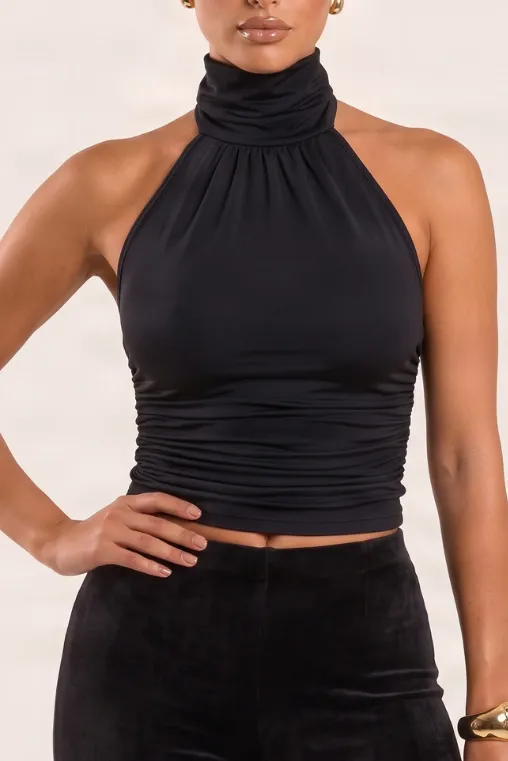 Black High Neck Halter Ruched Top - Mariah sold by Rebellious Fashion product image thumbnail 3