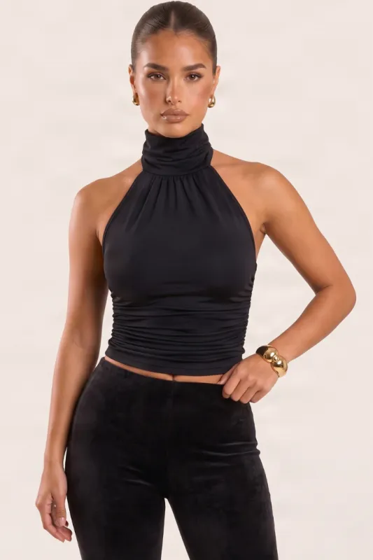 Black High Neck Halter Ruched Top - Mariah made by Rebellious Fashion