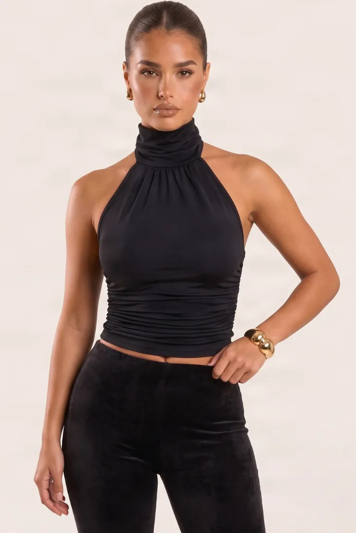 Black High Neck Halter Ruched Top - Mariah sold by Rebellious Fashion