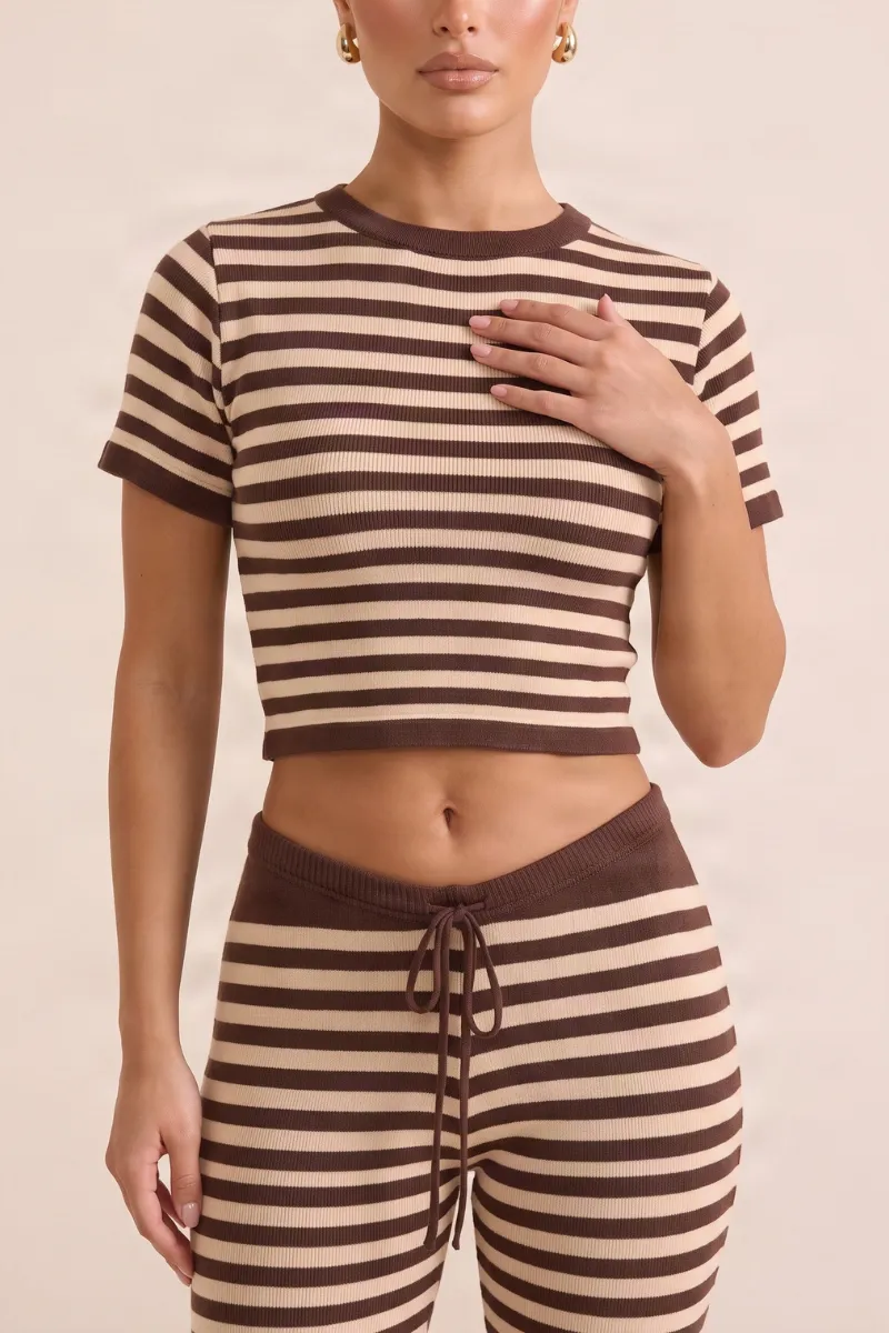 Chocolate Stripe Short Sleeve Knit Top and Flare Trousers Loungewear Co-ord Set - Kardie sold by Rebellious Fashion product image thumbnail 3
