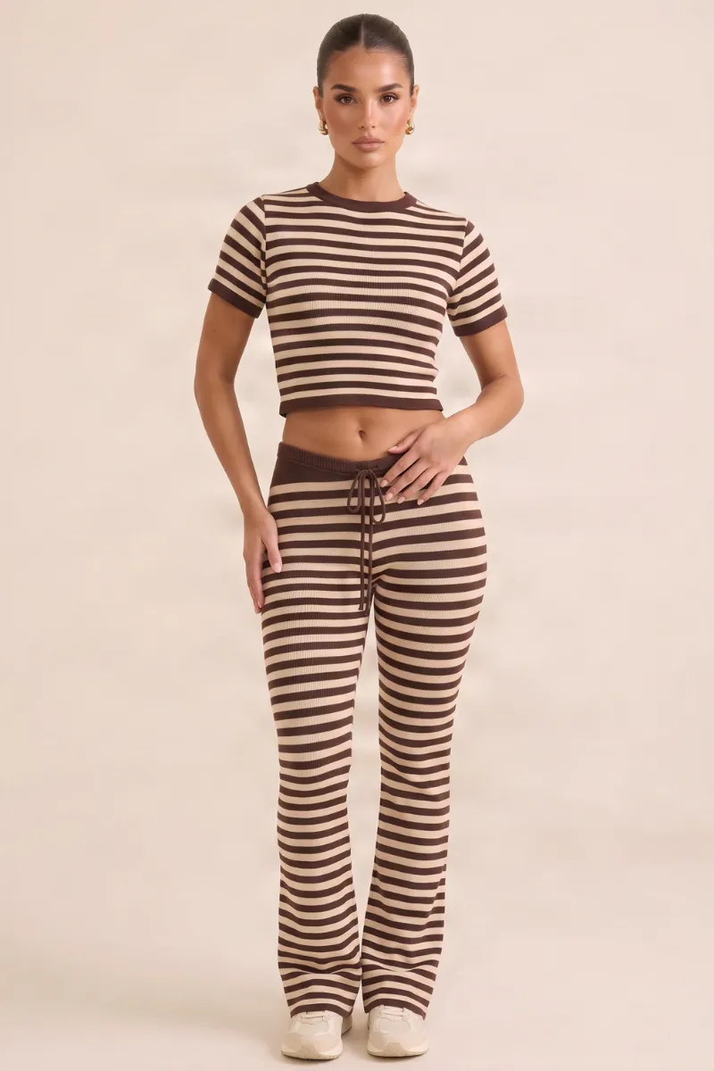 Chocolate Stripe Short Sleeve Knit Top and Flare Trousers Loungewear Co-ord Set - Kardie sold by Rebellious Fashion