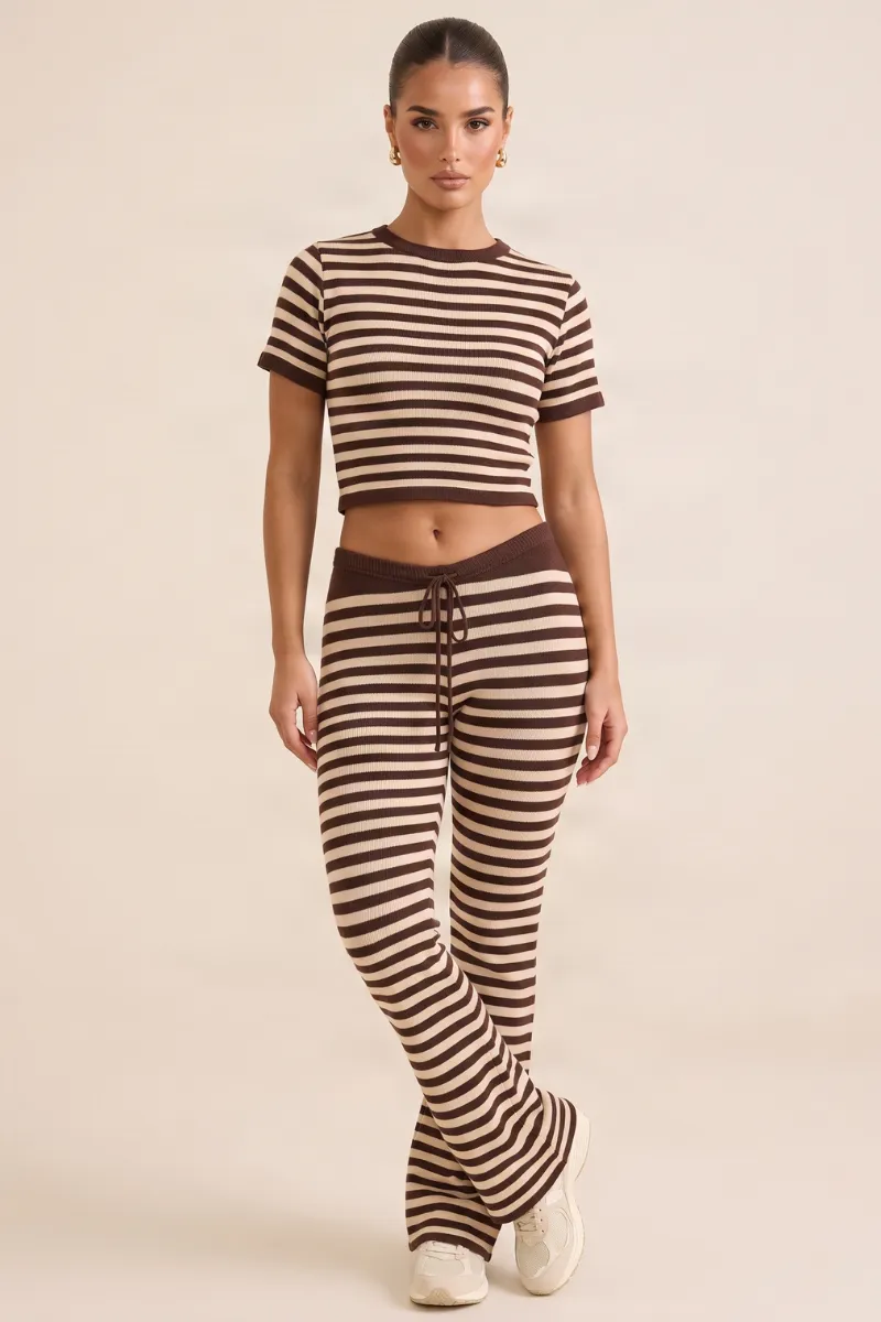 Chocolate Stripe Short Sleeve Knit Top and Flare Trousers Loungewear Co-ord Set - Kardie sold by Rebellious Fashion product image thumbnail 2