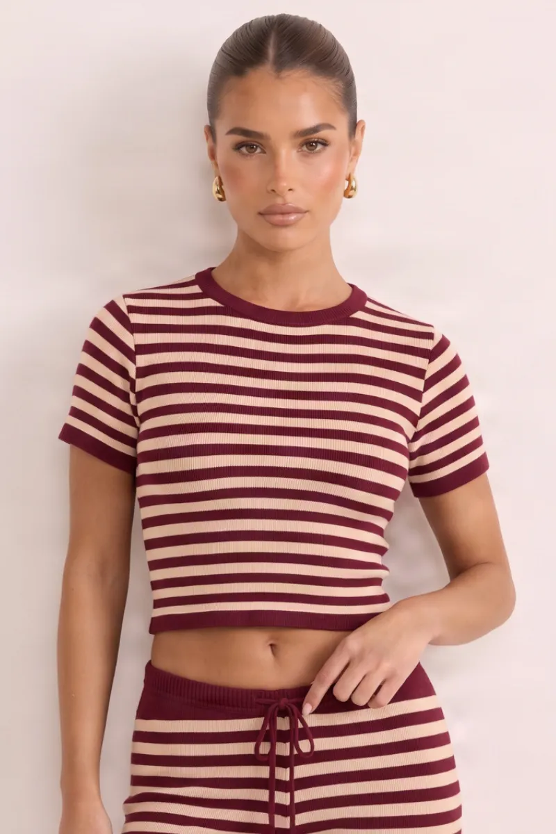 Wine Stripe Short Sleeve Knit Top and Flare Trousers Loungewear Co-ord Set - Kardie sold by Rebellious Fashion product image thumbnail 5