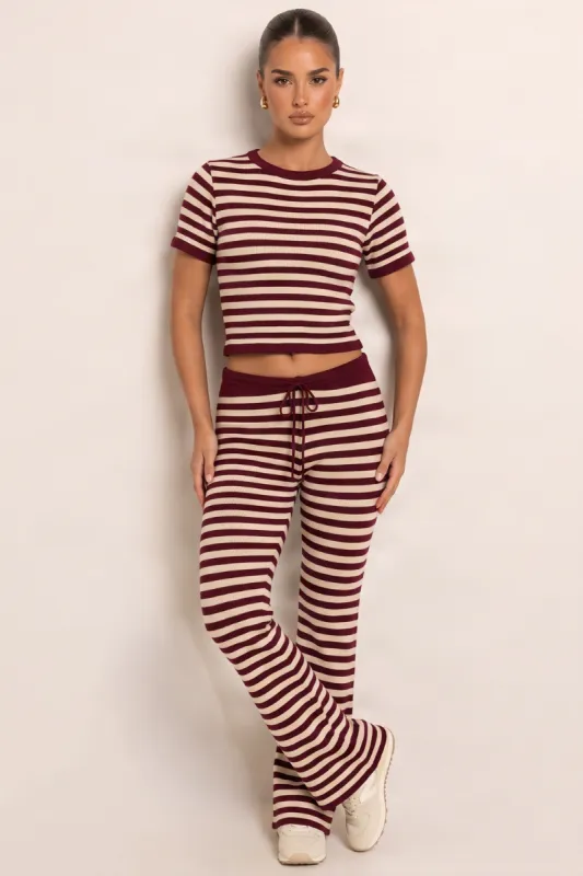 Wine Stripe Short Sleeve Knit Top and Flare Trousers Loungewear Co-ord Set - Kardie made by Rebellious Fashion