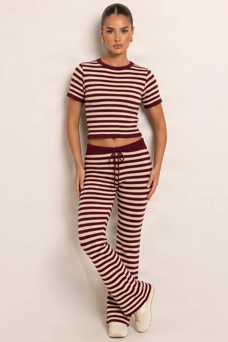 Wine Stripe Short Sleeve Knit Top and Flare Trousers Loungewear Co-ord Set - Kardie sold by Rebellious Fashion
