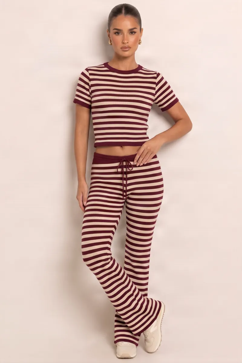 Wine Stripe Short Sleeve Knit Top and Flare Trousers Loungewear Co-ord Set - Kardie sold by Rebellious Fashion product image thumbnail 2