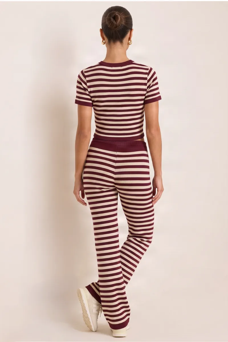 Wine Stripe Short Sleeve Knit Top and Flare Trousers Loungewear Co-ord Set - Kardie sold by Rebellious Fashion product image thumbnail 4