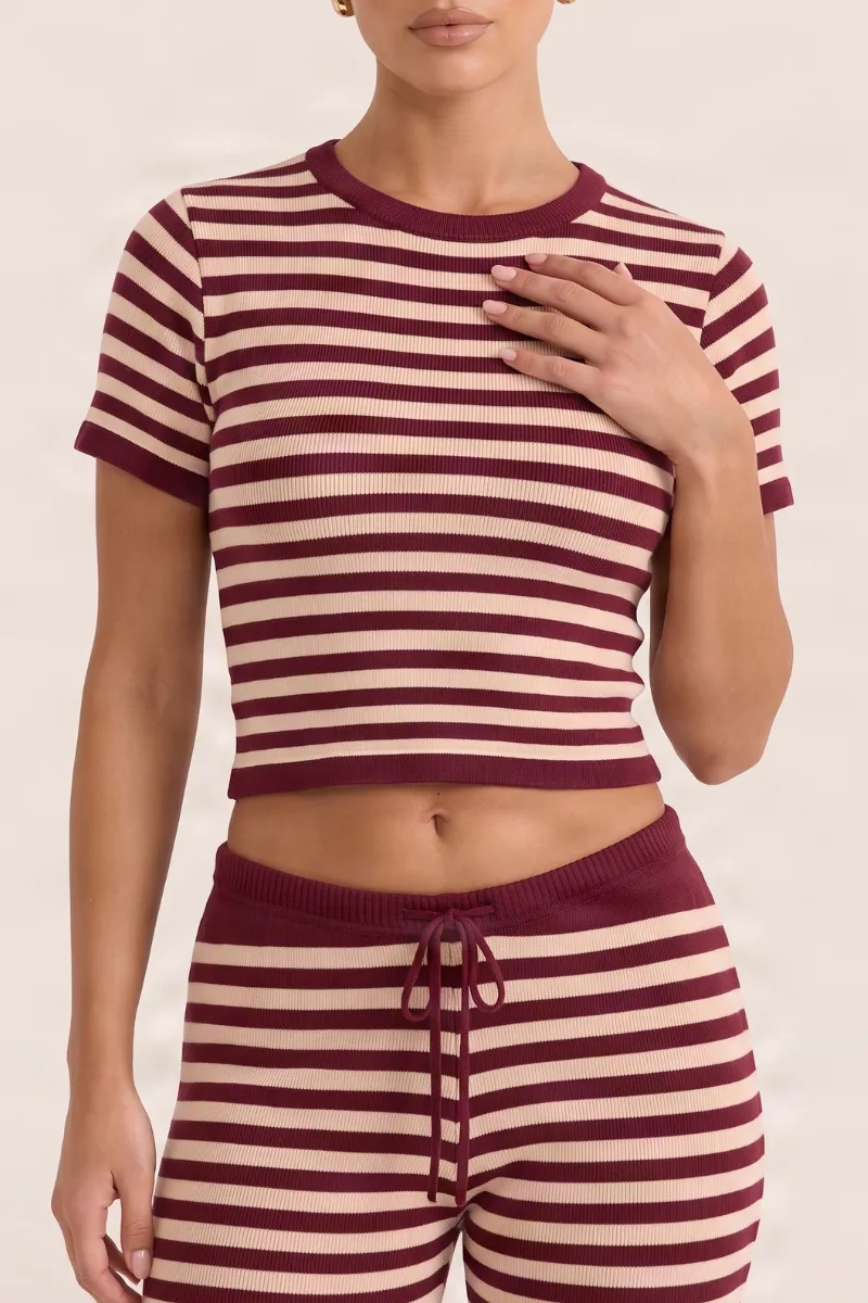 Wine Stripe Short Sleeve Knit Top and Flare Trousers Loungewear Co-ord Set - Kardie sold by Rebellious Fashion product image thumbnail 3