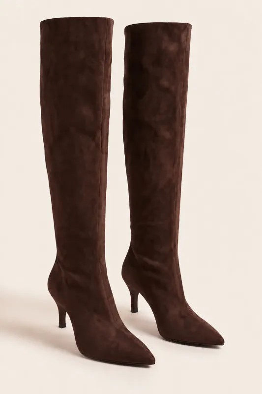 Chocolate Faux Suede Stiletto Knee High Boots - Lexi made by Rebellious Fashion