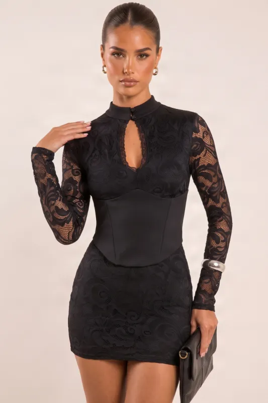 Black Lace Long Sleeve Corset Detail Mini Dress - Shelby made by Rebellious Fashion