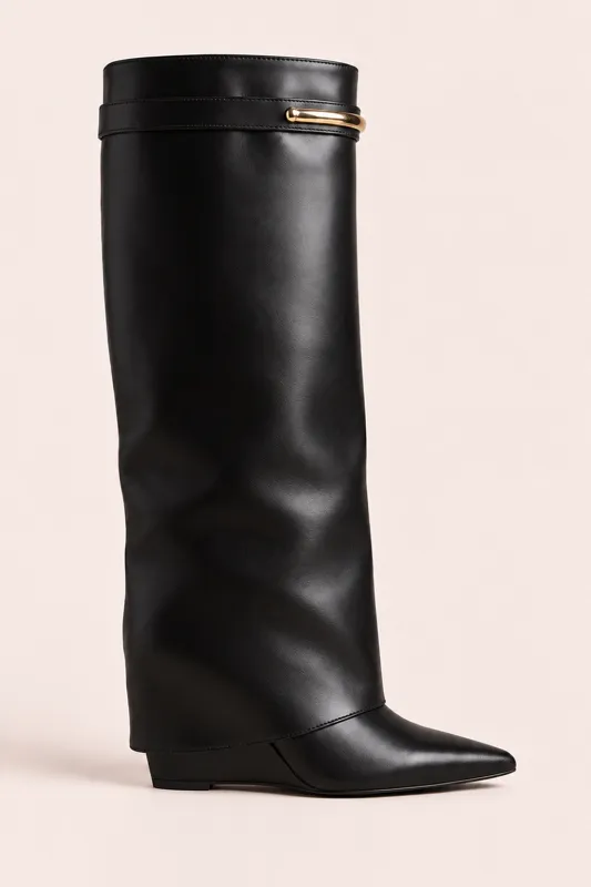 Black Faux Leather Trim Detail Layered Knee High Boots - Milly made by Rebellious Fashion