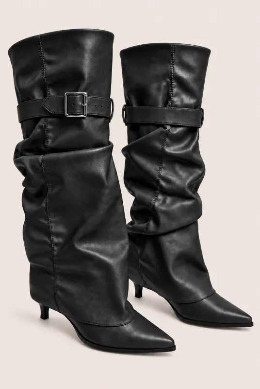 Black Faux Leather Layered Slouchy Knee High Boots - Jordan made by Rebellious Fashion