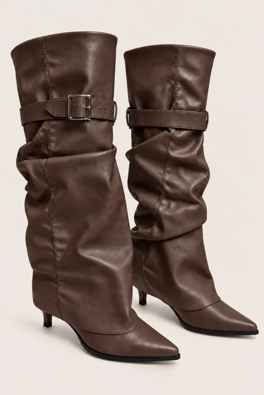 Chocolate Faux Leather Layered Slouchy Knee High Boots - Jordan made by Rebellious Fashion