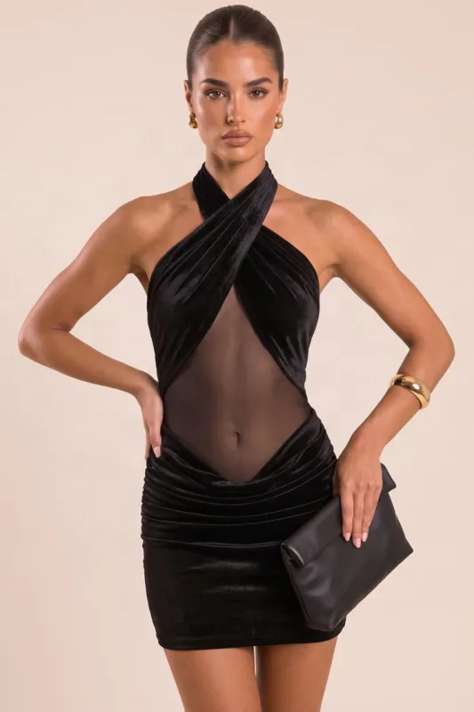 Black Velvet Mesh Halterneck Mini Dress - Miah made by Rebellious Fashion