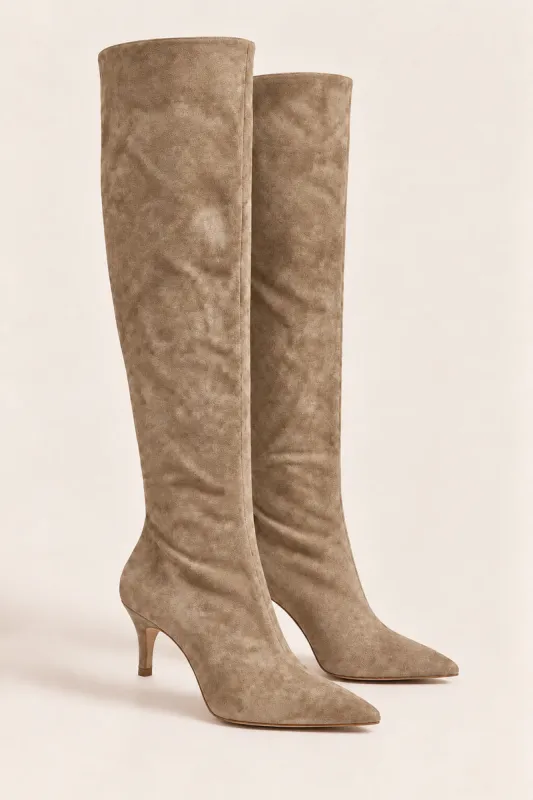 Taupe Faux Suede Stiletto Knee High Boots - Lexi made by Rebellious Fashion