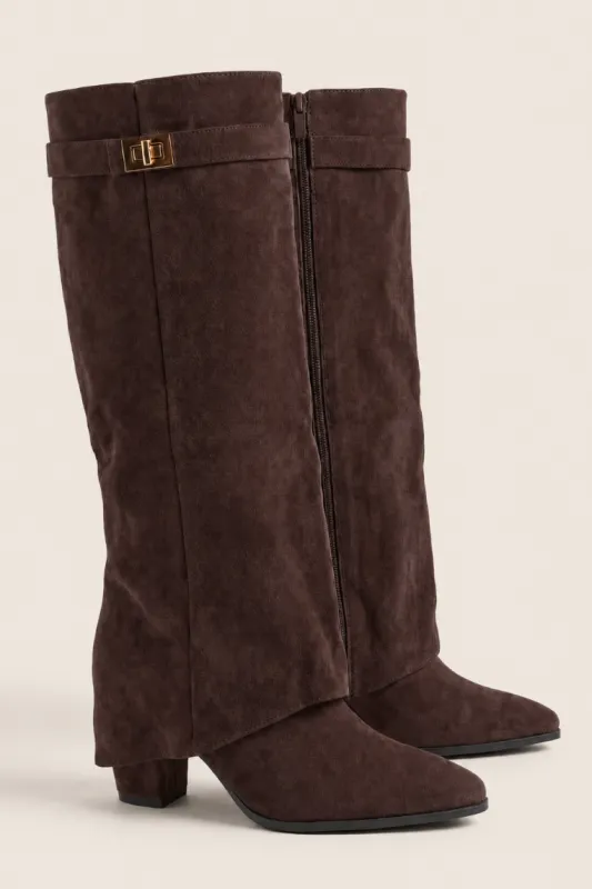Chocolate Faux Suede Trim Detail Layered Knee High Boots - Rita made by Rebellious Fashion