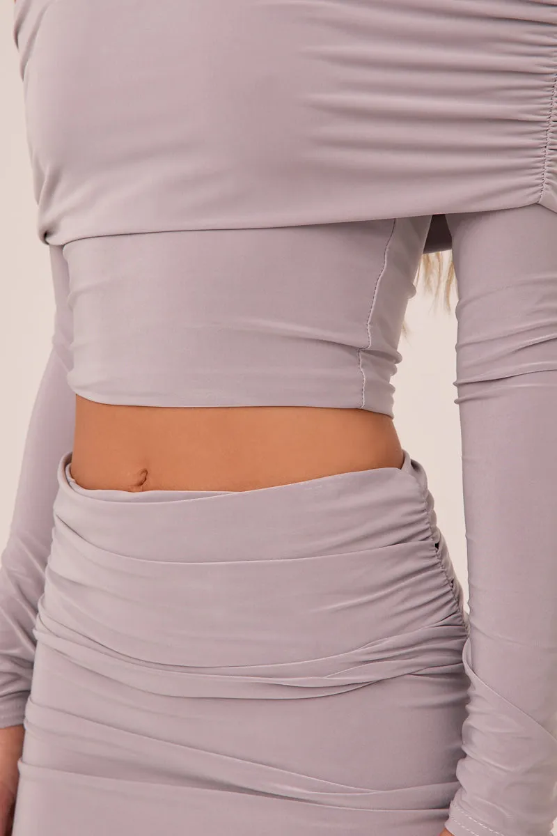 Grey Bardot Cropped Top & Mini Skirt Co-ord Set - Ariel sold by Rebellious Fashion product image thumbnail 3