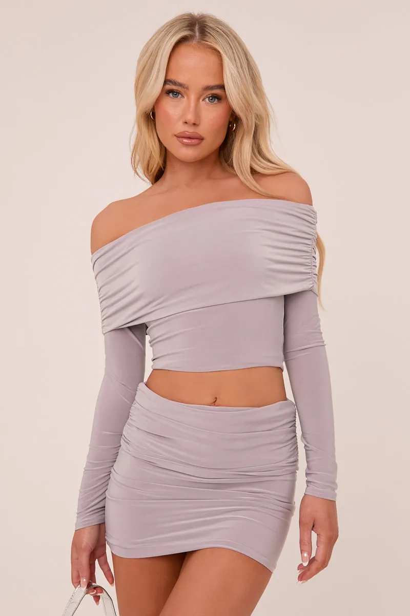 Grey Bardot Cropped Top & Mini Skirt Co-ord Set - Ariel sold by Rebellious Fashion