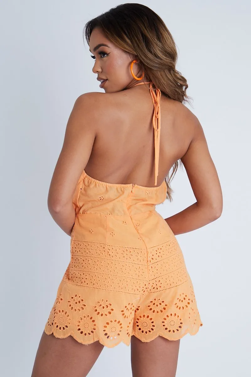 Orange Broderie Anglaise Halter Neck Backless Playsuit - Dalya sold by Rebellious Fashion product image thumbnail 3