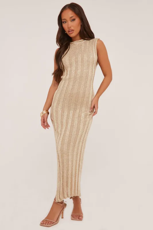 Gold Metallic Knit Twist Back Maxi Dress - Annrose sold by Rebellious Fashion