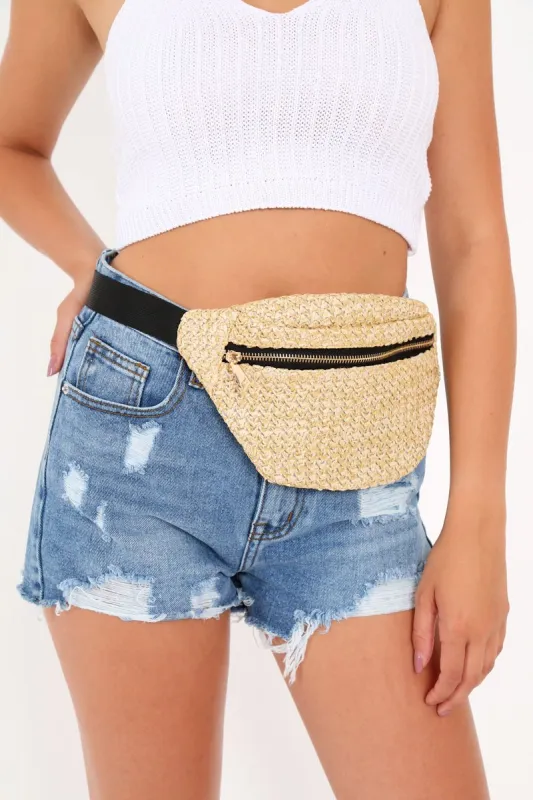 Tan Straw Belted Bum Bag - Breslin sold by Rebellious Fashion