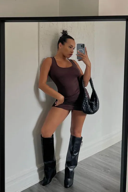 Chocolate Jersey Bodycon Mini Dress - Aleah sold by Rebellious Fashion