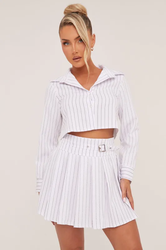 White Striped Button Up Shirt & Pleated Mini Skirt Co-ord Set - Nancy sold by Rebellious Fashion
