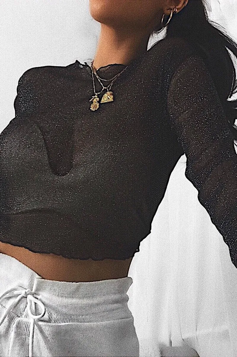 Black Glitter Mesh Long Sleeve Crop Top - Akila sold by Rebellious Fashion