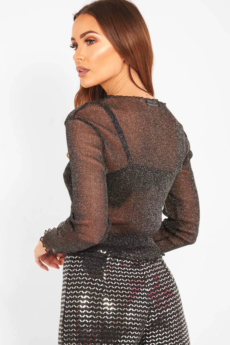 Black Glitter Mesh Long Sleeve Crop Top - Akila sold by Rebellious Fashion product image thumbnail 4